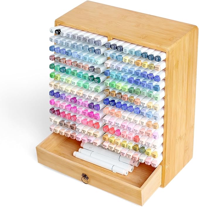 Marker Organizer for 216 Markers, Wooden Marker Storage Organizer with 12 Layers × 2 Compartments, Bamboo Marker Holder with Drawer for Art Supplies and Pens