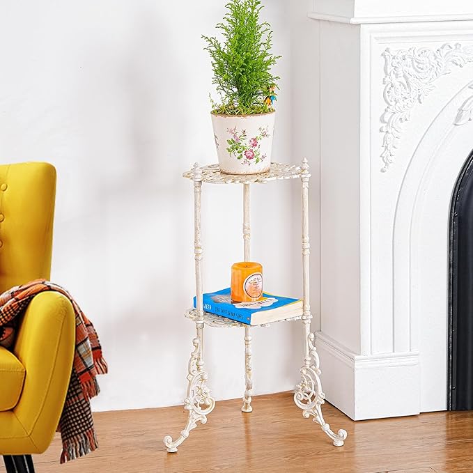 Sungmor Vintage Cast Iron 2-Tier Plant Stand, Elegant Butterfly & Floral Design with Antique White Finish, 24 Inch Tall Rustic Flower Pot Holder, Heavy Duty Metal Display Shelf for Indoor and Outdoor