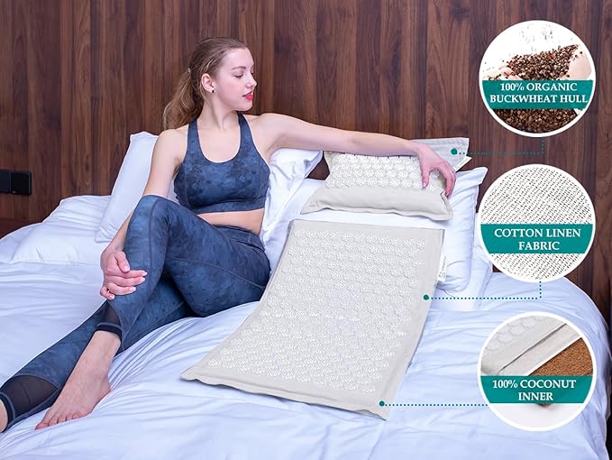 UNMERA Acupressure Mat and Pillow Set,Natural Eco Linen & Coconut Fiber Filling,for Back/Neck Pain Relief, Sciatic, Headache and Muscle Relaxation, Comes with Carrying Bag