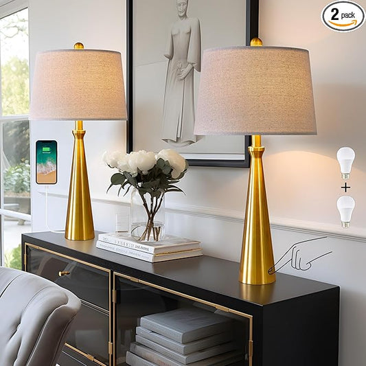 Oneach 25.75" 3-Way Dimmable Touch Control Modern USB Table Lamp Set of 2 for Living Room Bed Room Bedside Nightstand Lamps Fabric Shade Vintage Accent Light Gold Antique Brass