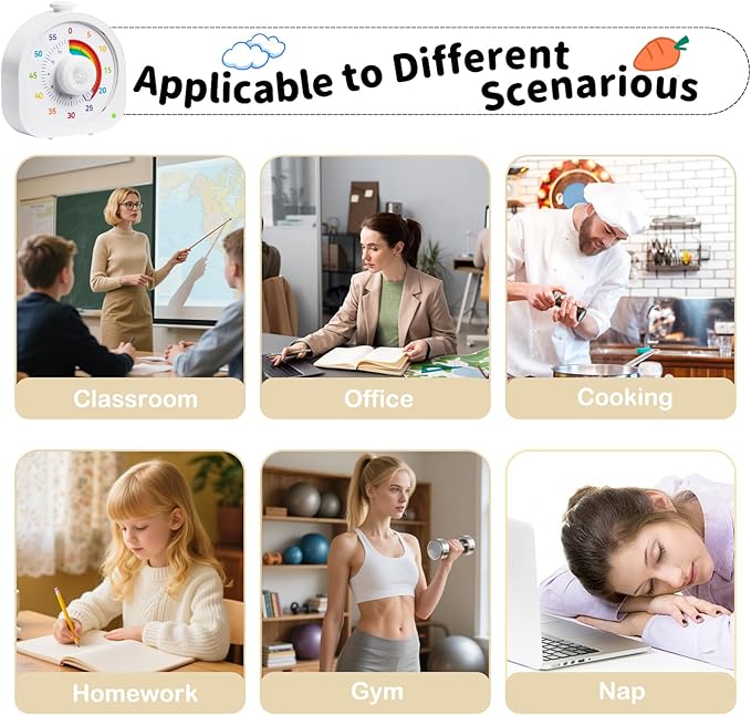 Visual Timer for Kids – 60min/12h Rainbow Magnetic Timer for Classroom, Rechargeable Silent Countdown Timer with Pomodoro Mode, ADHD Time Management Tool