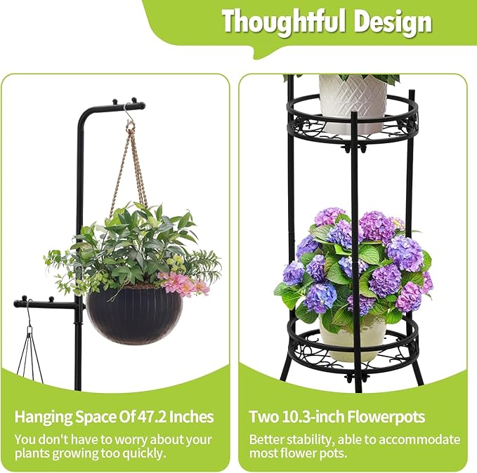 Adjustable Metal 4 Potted Flower Pot Plant Stands - 2 Tier 72 inch Tall Indoor Outdoor Heavy Duty Plant Shelf with Hangers - Perfect for Living Room Corner and Patio (White)