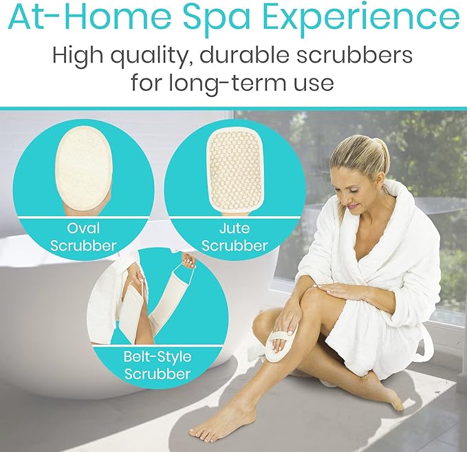 Vive Exfoliating Back Scrubbers for Use in Shower (3 Set) - Loofah Sponge Pads for Body with Handles, Deep Clean and Invigorate Your Skin for Men, Women and Elderly - Soft Luffa with Soap