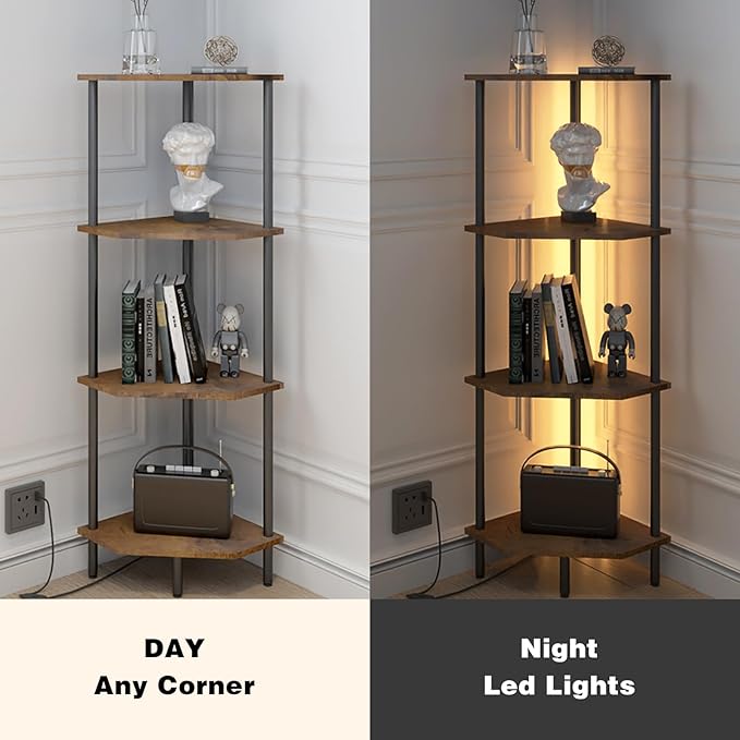 4 Tier Corner Shelf with LED Light,Bookcase for Small Spaces,Display Shelf,Narrow Bookshelf,Plant Stand,Rustic Brown and Black,Suitable for Bedroom,Living Room,Kitchen