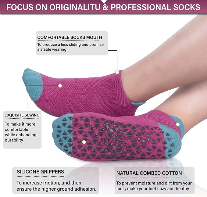 Non Slip Yoga Socks with Grips for Pilates, Ballet, Barre, Barefoot, Hospital Anti Skid Socks for Women and Men
