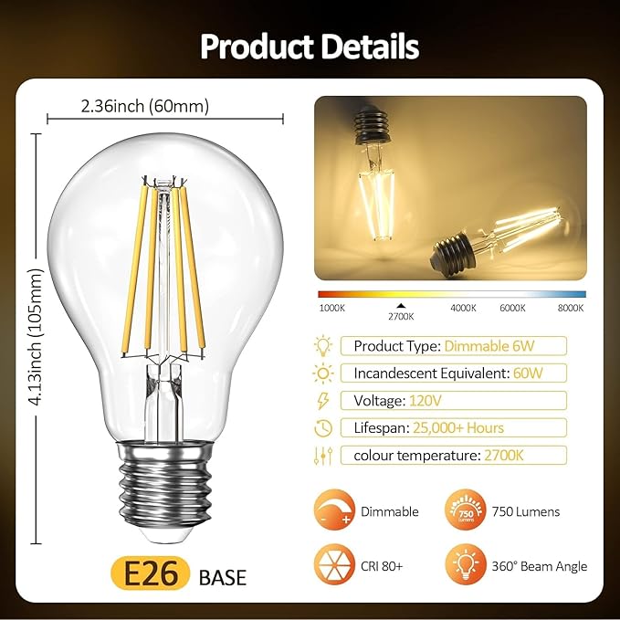 Dimmable A19 LED Light Bulbs 60W Equivalent, 2700K Warm Soft White Light Bulbs 6W E26 Base, Clear Glass Antique Filament Bulb for Living Room Bedroom Outdoor, 12Packs