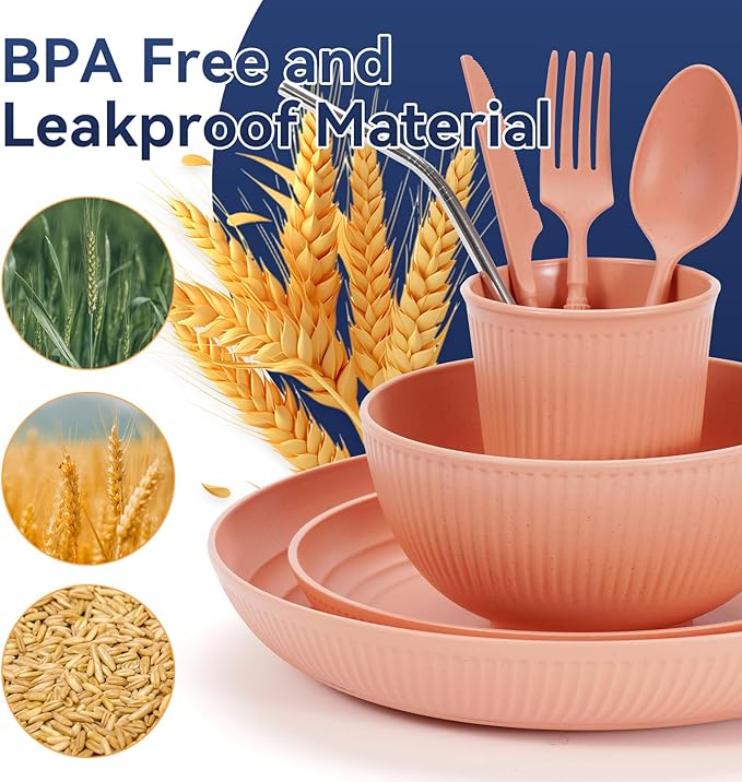 Wheat Straw Dinnerware Sets,48-Piece Beige Plates and Bowls Sets for 6-Unbreakable,Reusable Plastic Dish Set-Dinner Plate/Dessert Plate/Cereal Bowl/Cup/Utensils-Microwavable Dishwasher Safe 48P-Beige