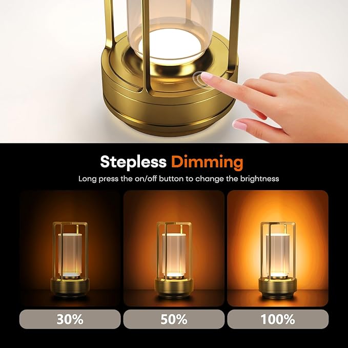 Portable Outdoor Table Lamp, Cordless Dimmable Touch Table Light, Rechargeable Battery Operated Small Lamp with 3 Colors and Brightness Control for Bedroom/Patio/Camping/Bar/Coffee Shop (Gold)