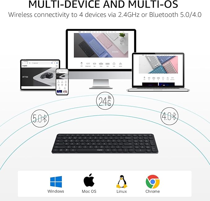 Rapoo E9350L Rechargeable Wireless Keyboard, Support 4 Devices, Ultra-Slim with Indicator Light, Quiet, 90-Day Battery Life, Full Size Keyboard with Numeric Keypad for Windows/Mac/Linux/Chrome, Black