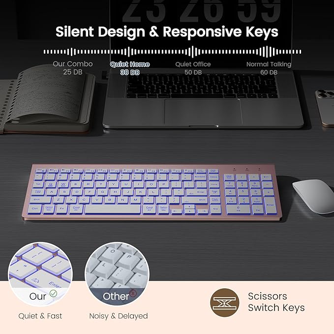 SABLUTE Wireless Keyboard with 7 Colored Backlits, Rechargeable Silent Compact Cordless Computer Keyboard with Low Profile Quiet Light Up Keys for Windows, PC, Linux, Chrome, Mac (Rose Gold)