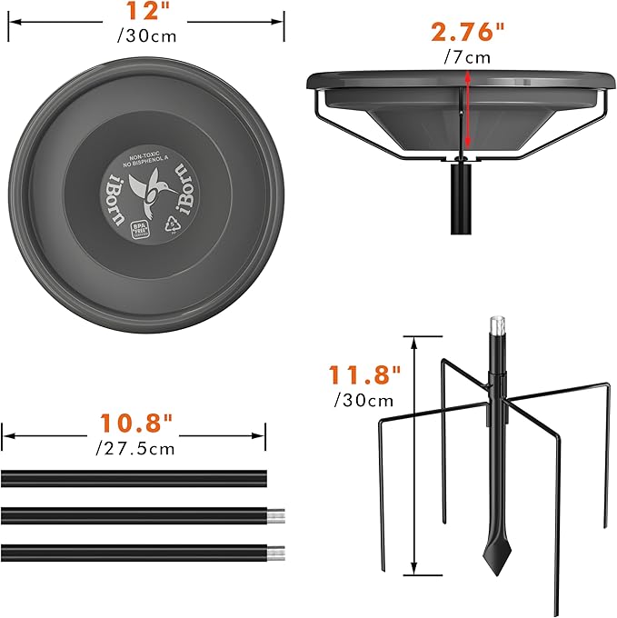 iBorn Bird Bath for Outside,36″ Metal Freestanding Bird Bath,12″ BPA-Free Bowl,Bird Bath with 3 Adjustable Height Pole,Detachable Bird Bath for Outdoors,5-Prongs Base,Gray,1 Pack（Not Include Fountain）
