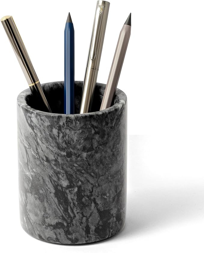 WORHE Pen Holder Stand Italy Natural Premium True Marble Makeup Brush Holders, Tableware Organizer Desk Pencil Cup for Home Office School Decor Dark Grey (DL012)