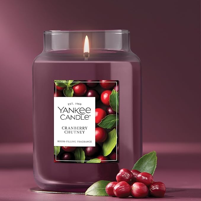 Yankee Candle Large Jar Scented Candle with up to 150 Hour Burn Time, Premium Plant Wax Blend for Consistent Burn, 22 oz Jar Candle with Room Filling Fragrance, Cranberry Chutney