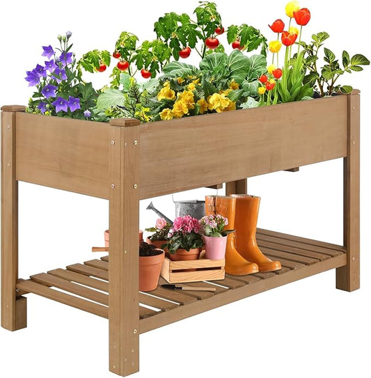 Raised Garden Bed Wooden Elevated Planter Box with Legs, Protective Liner Reinforced for Vegetables Herbs Flowers for Outdoor Patio Backyard Balcony Gardening (46.65“ L with Shelf)