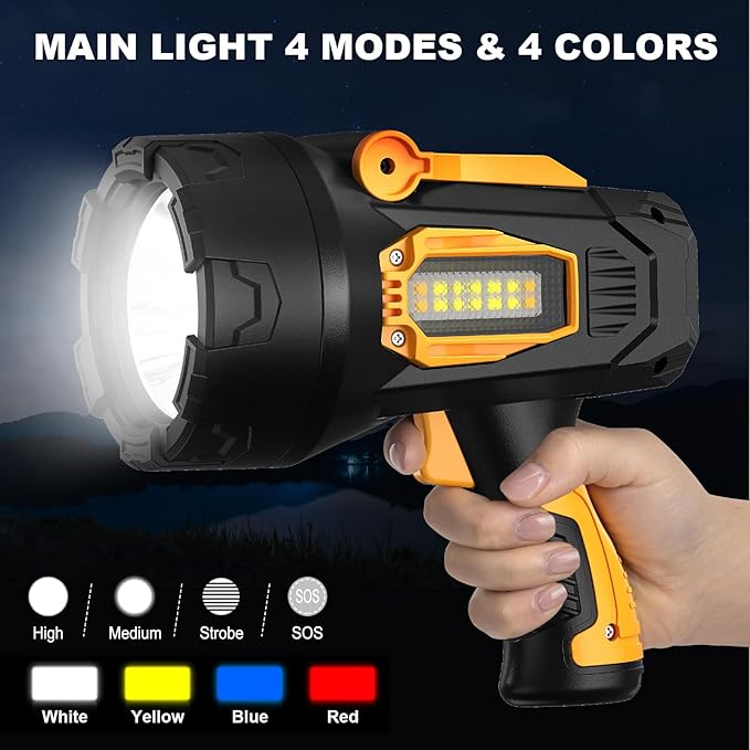 MIXILIN Rechargeable Spotlight 90,000 Lumens, Super Bright LED Spotlight Flashlight Outdoor with COB Light & Foldable Tripod, 10000ɱAh Long Lasting Large Handheld Spot Light for Boating Camping