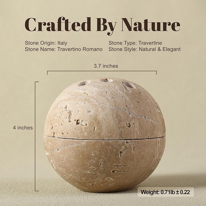 Koville Natural Travertine Stone Incense Burner, Incense Holder for Cone/Balsam Fir/Palo Santo/Sage, Handmade Sphere Incense Burner for Meditation Yoga SPA Relaxation, Home Decor,Beige Travertine