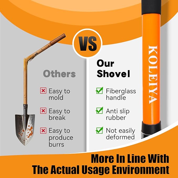 Heavy Duty Garden Shovel for Digging, 57 Inch Round Blade with Fiberglass Handle (Orange), Professional Shovel for Gardening, Landscaping, Beach