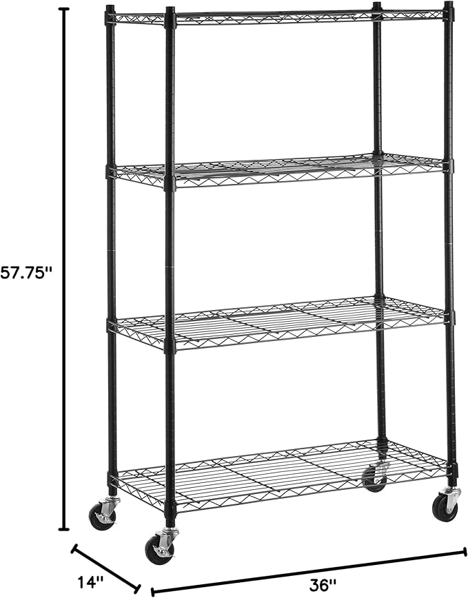 Amazon Basics 4-Shelf Adjustable, Heavy Duty Storage Shelving Unit on 3'' Wheel Casters, Metal Organizer Wire Rack, 36" L x 14" W x 57.75" H, Black