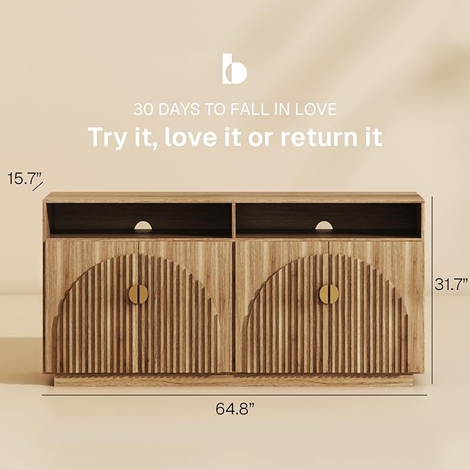 BELLEZE 65 Inch Fluted TV Stand, Mid Century Modern Entertainment Center with Storage Cabinets & Open Shelves, Media Console TV Cabinet with Adjustable Shelves for Living Room, Caramel Brown