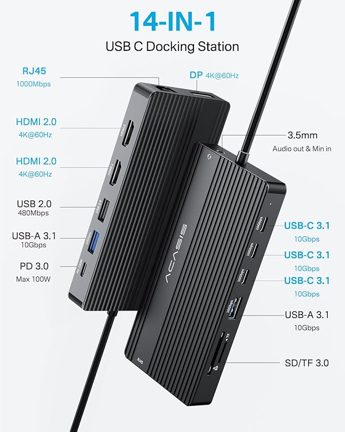 USB C Docking Station Dual Monitor, 14 in 1 USB C Hub, Adapter with 2 HDMI+DP(4K60Hz), Ethernet, 3 USBC 10G,100W PD, SD/TF, Audio, Laptop Docking Station for Dell/HP/Lenovo/ThinkPad/Surface (Black)