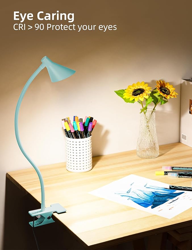 Reading Light for Bed, Clip-on Desk Lamp with Flexible Neck, 3 Color Modes & 10 Dimmable Brightness, Teal