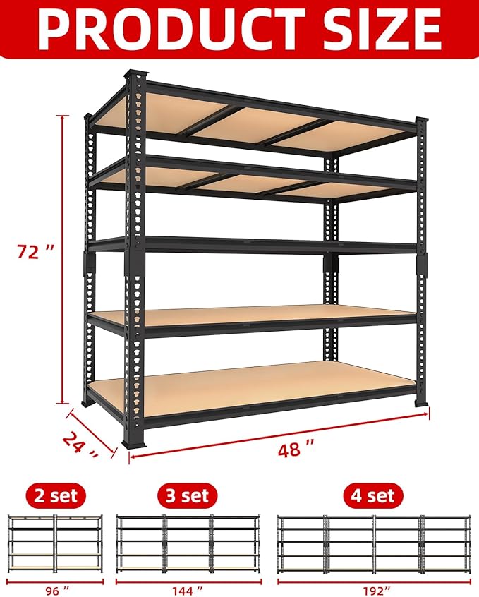 PrimeZone Heavy Duty Garage Storage Shelves - 48" W X 24" D X 72" H Adjustable Metal Shelving Unit, 5 Tier Industrial Shelves for Storage Standing Utility Rack for Warehouse, Basement, Black, 6 Pack