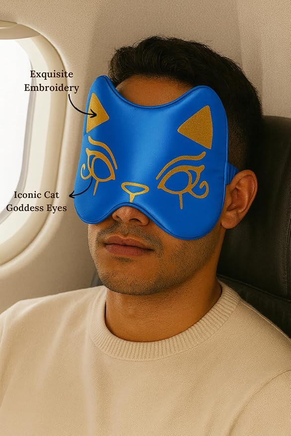 Silk Sleep Mask Blindfold Eye Mask for Sleep Cute Cat Print Embroidered Eye Cover Adjustable Oversized Egyptian Bastet with Gift Box&Pouch（Nefertari Blue-Adjustable Strap）