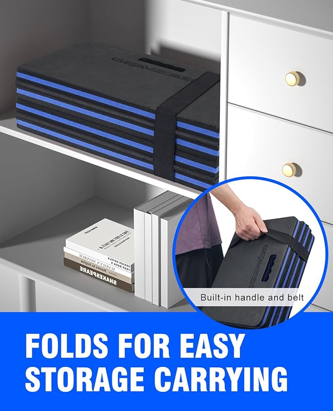 1.1" Extra Thick Foldable Garden Kneeling Pad with Handle & Belt & Tool Compartments – EVA Foam Knee Cushion Mat for Gardening, Mechanic Work, Auto Repair (47.2" x 15.7" x 1.1", Black & Blue)