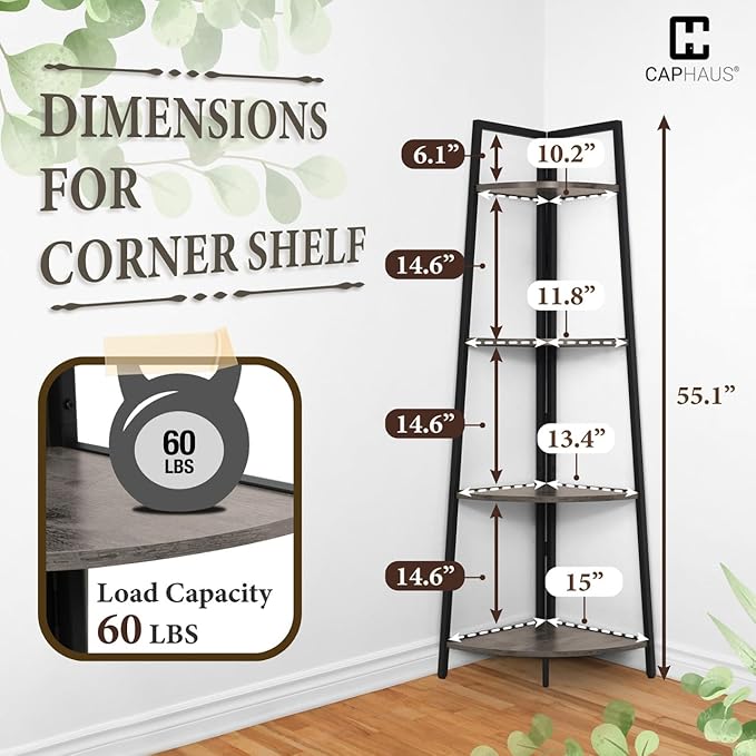 CAPHAUS Tall Corner Shelf Stand, 4-Tier Display Shelves, Ladder Corner Wood Storage Plant Bookshelf with Metal Frame, Versatile Shelving Unit Bookcase for Home Office Space, Dark Grey