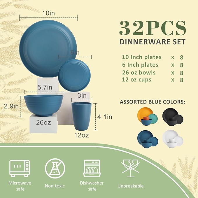 Wheat Straw Dinnerware Set of 32,Unbreakable Dinner Plates and Bowls Dishes Sets Service for 8,Dishwasher Safe Dinnerware Sets for Kitchen and Camping.Navy Blue