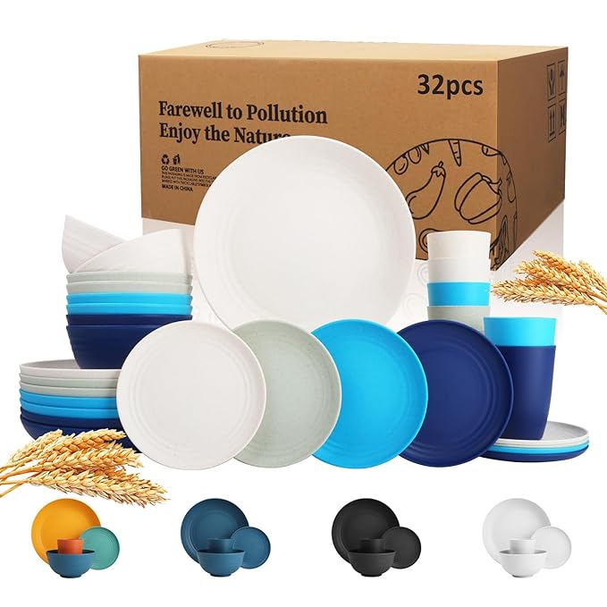 Wheat Straw Dinnerware Set of 32,Unbreakable Dinner Plates and Bowls Dishes Sets Service for 8,Dishwasher Safe Dinnerware Sets for Kitchen and Camping.Island Series