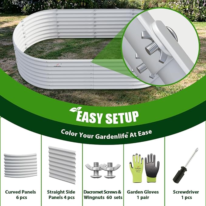 A ANLEOLIFE 6X3X2 ft Galvanized Raised Garden Beds Outdoor-8 Pack, Oval Large Metal Deep Root Planter Box for Planting Vegetables Flowers Herb, Anti-Rust & Easy-Setup, Antique White