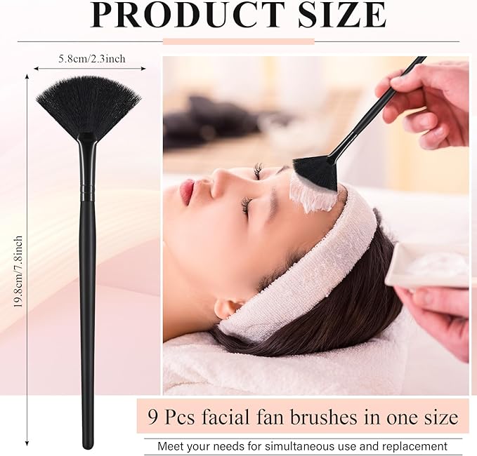 9 Pieces Facial Fan Mask Brushes, Soft Facial Applicator Brushes Tools for Peel Glycolic Makeup for Mud Cream(Full Black)