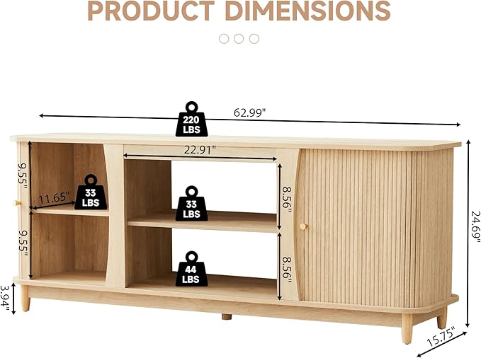 TV Stand, Fluted Media Console Table with Storage and Sliding Door, Farmhouse Entertainment Center for Living Room, Home Office (Natural-No Fireplace)