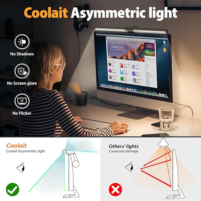 Computer Monitor Light,Screen Monitor Light Bar with Backlight for Eye Caring, E-Reading LED Task Lamp with Color/Dimming Adjustment,Touch Control,No Screen Glare Space Saving Home Office Lamp
