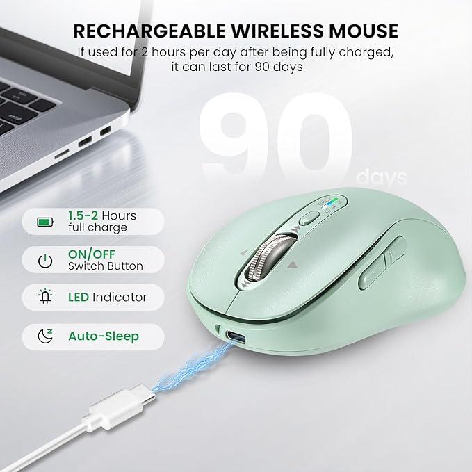 Wireless Bluetooth Mouse for Laptop,USB+BT×2,Quiet Ergo Computer Mouses,Metal 4-Way Super Scrolling,± 3200 DPI,Rechargeable,10 Button,Plug&Play,Multi Device Cordless Mice for iPad,Tablet,Mac,PC(Green)