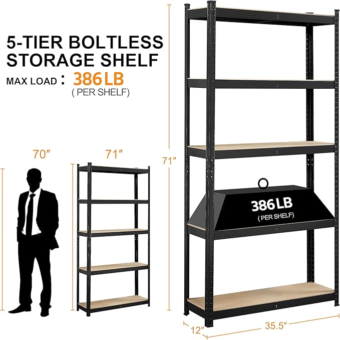 Yaheetech Standing Shelf Units, 5 Tier Storage Shelf, Heavy Duty Shelving, Adjustable Garage Shelves, Utility Rack Shelf Unit, Basement Warehouse Shed, 35.5″W× 12″D × 71″H - Black