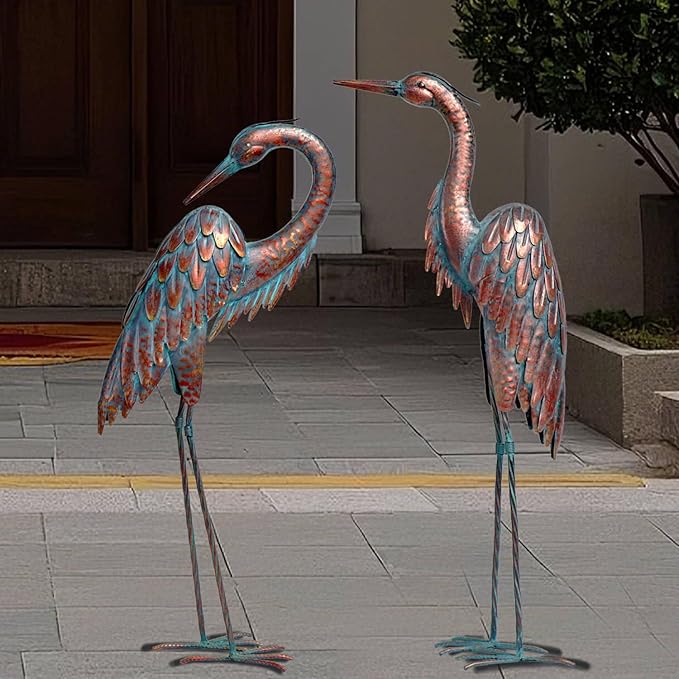 Kircust Metal Crane Statues - Set of 2 Bronze Heron Sculptures for Garden, Patio, or Yard Decor - 27.56" Tall Weatherproof Outdoor Art