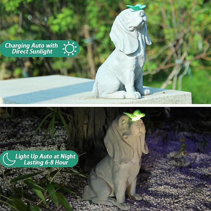 Garden Statue Dog Figurines - Outdoor Dog Statue with Solar Butterfly Lights for Patio Yard Art Decor Balcony Lawn Ornament. Ideal Housewarming Gardening Gifts for Dad Mom