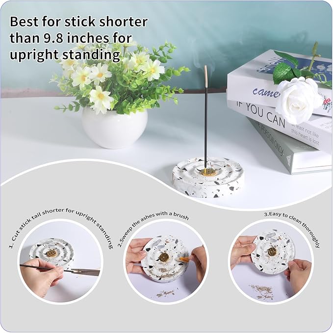 Real Terrazzo Incense Holder for Stick, Steady Base with 9 Holes Brass Built-in, Easy Catch, Corlorful Marble Stone Incense Holder for Indoor and Outdoor Used, Home Decor Accessories