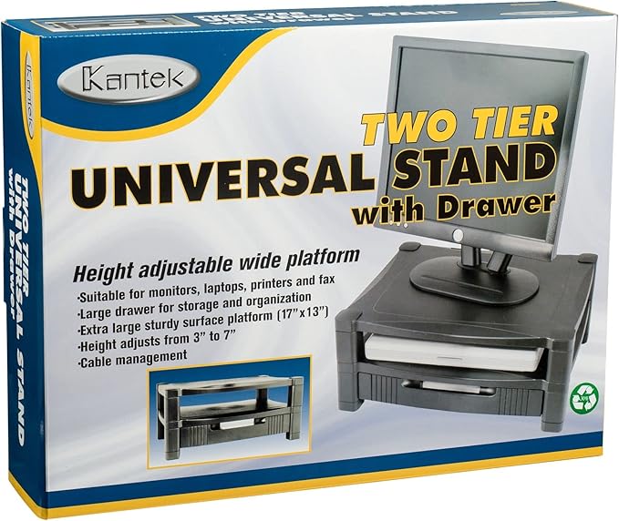 Kantek Two-Level Monitor Stand, 17" X 13.25" X 3.5" To 7", Black, Supports 50 Lbs