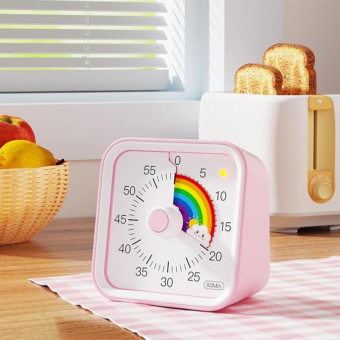 Visual Timer with Pause Function, 60 Minute Countdown, Pomodoro Timer for Kids, Productivity Timer, Time Management for Kitchen Cooking, Study, Teaching, Office Meetings (Rainbow Pink)