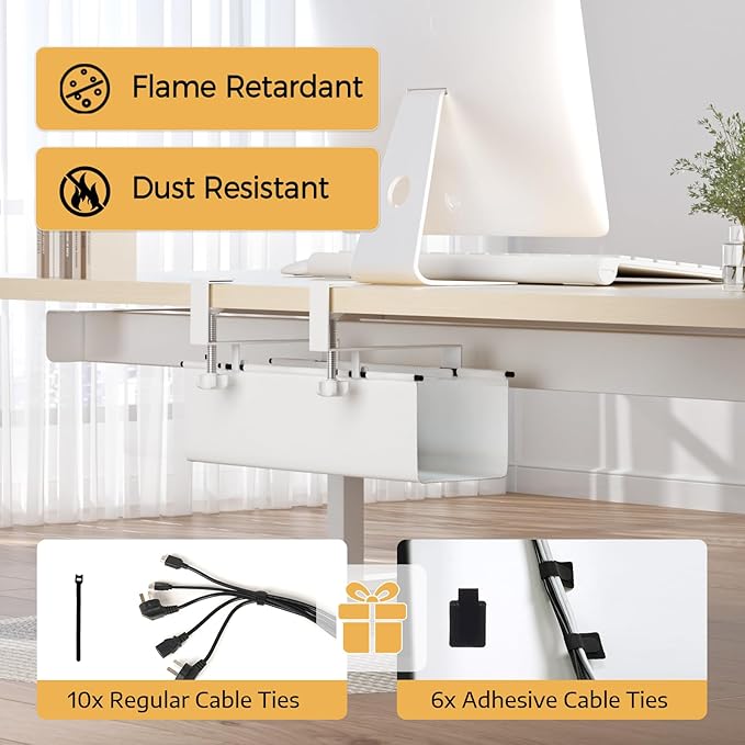 Under Desk Cable Management Tray 15.7" - No Drill Computer Wire Organizer Cable Tray, Fabric Cord Hider Clamp Mount, with 16X Cable Ties PC Cables Management Cord Holder for Office/Home (White)