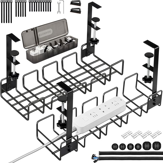 OneLeaf 2 Pack Cable Management Tray, No Drill Wire Management Rack, Office Wire Organizers for Cords, Computer Desk Accessories, Under Desk Organizer with Cable Organization