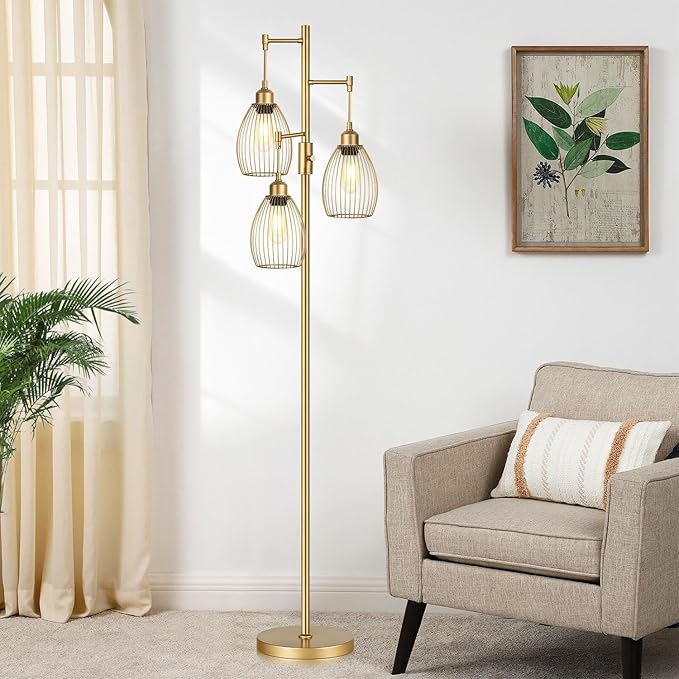 Torondo Dimmable Floor Lamp, Industrial Floor Lamps for Living Room, Gold Tree Lamp Standing Lamp Tall Lamps with 3 Elegant Teardrop Cage Head & 800 Lumens LED Bulbs for Living Room Bedroom Office