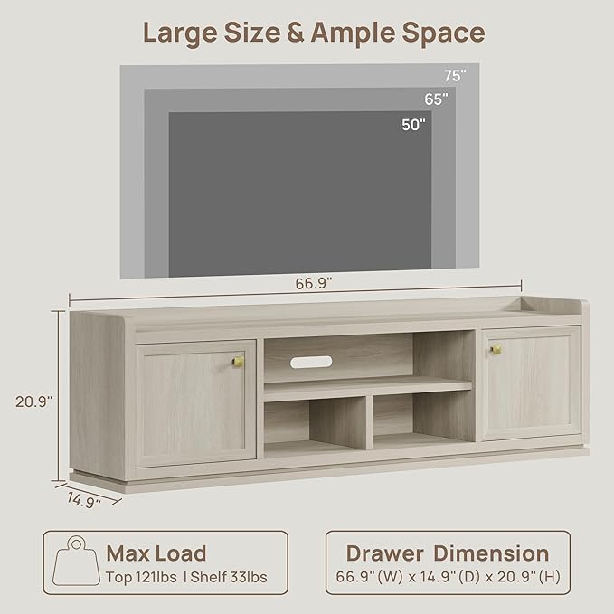 SICOTAS TV Stand Entertainment Center - 67" TV Console for Living Room Modern TV Stand for Bedroom, Media Console with Shelf and Cabinet, Entertainment Stand for TVs up to 65 75 Inch(Grey White Oak)