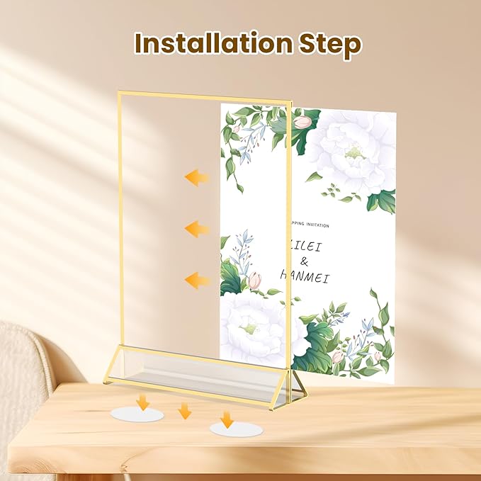Gold Frames 5X7 Acrylic Sign Holder Tabletop Gold Picture Frames for Wedding Table Numbers Menu Holder Diaplay Stand Flyer Holder with Double-Sided Sticky Dots-6 Pack
