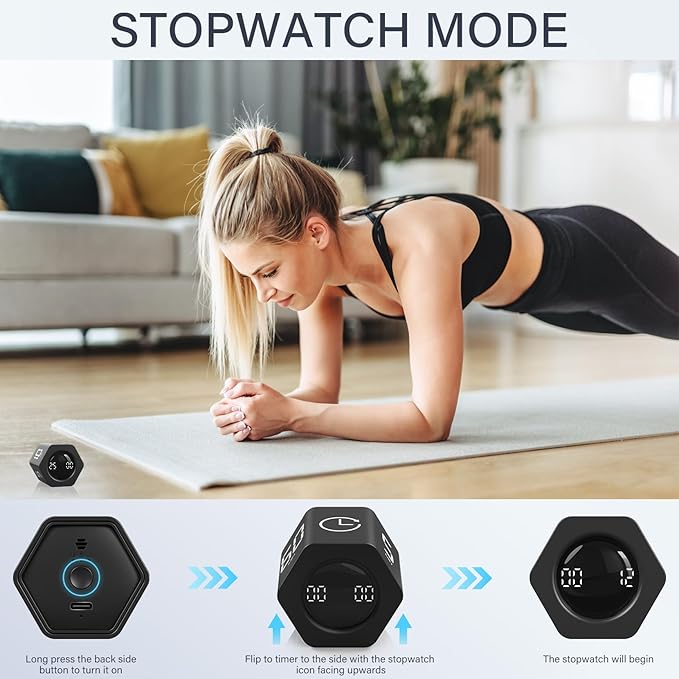 Rotating Pomodoro Timer 5, 25, 10 30,60 Mins Preset Stopwatch, Desk Flip ProductivityTimer, ADHD Tool Hexagon, Vibration/Mute/Alarm, for Work, Study, Back to School, Kitchen, Black