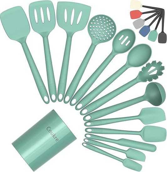 Coukre Silicone Kitchen Cooking Utensils Set with Holder – Heat-Resistant, Food-Grade Kitchen Tools, Spatula, Spoon & Gadgets for Non-Stick Pans, Dishwasher Safe (14, PureAquaGreen)