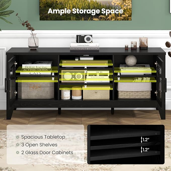 Tangkula Farmhouse TV Stand for TVs Up to 65-in, Classic Media Entertainment Center w/Glass Door Cabinets & 4 Adjustable Shelves, Modern TV Console Table w/ 3 Cable Holes for Living Room (Black)